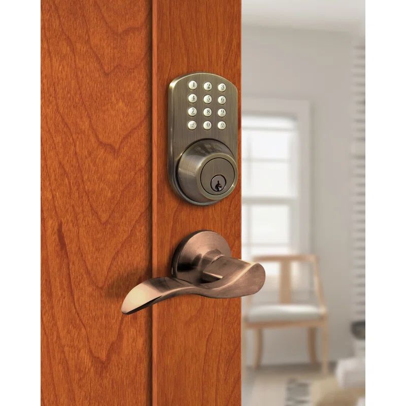 Antique Brass Keyless Entry Deadbolt and Lever Handle Door Lock Combo