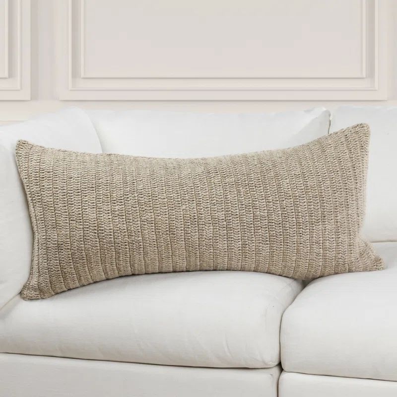 Nakeya Beige Knitted Linen Throw Pillow, 16"x36"