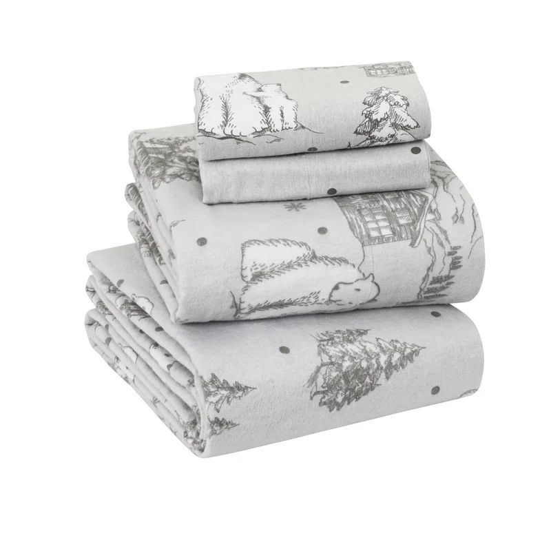 Gray Cotton Flannel King Sheet Set with Polar Bear Print