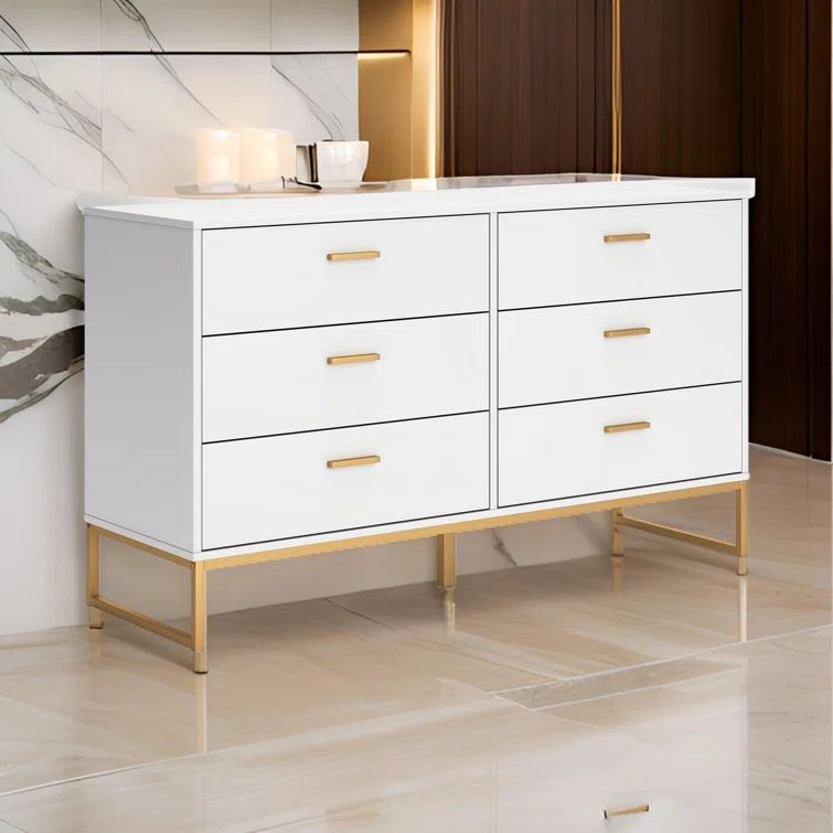 Socalle White and Gold 6-Drawer Double Dresser