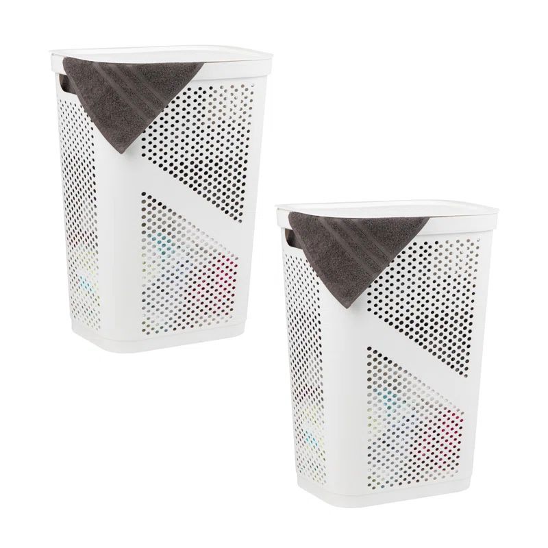 White Rectangular Plastic Laundry Hampers with Lids, Set of 2