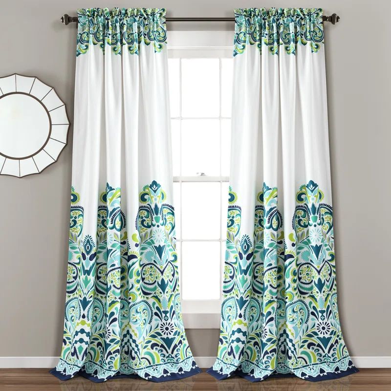 Blue & Green Paisley Print Polyester Blackout Window Panels, 52"W x 84"L