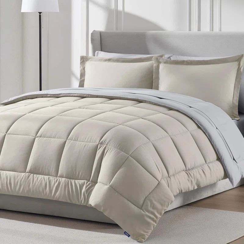 Beige and Light Grey Queen Microfiber Reversible Comforter Set
