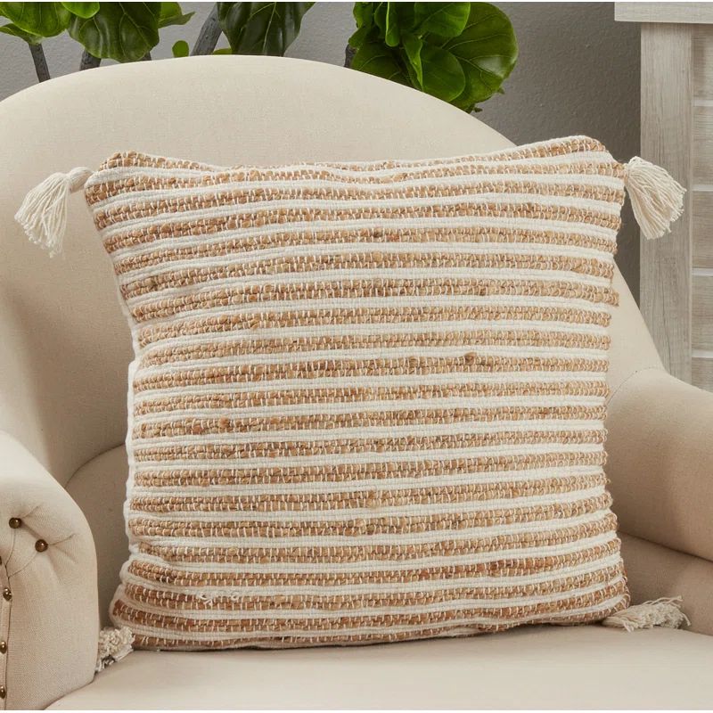 Beige and White Cotton Striped Tassel Pillow Cover