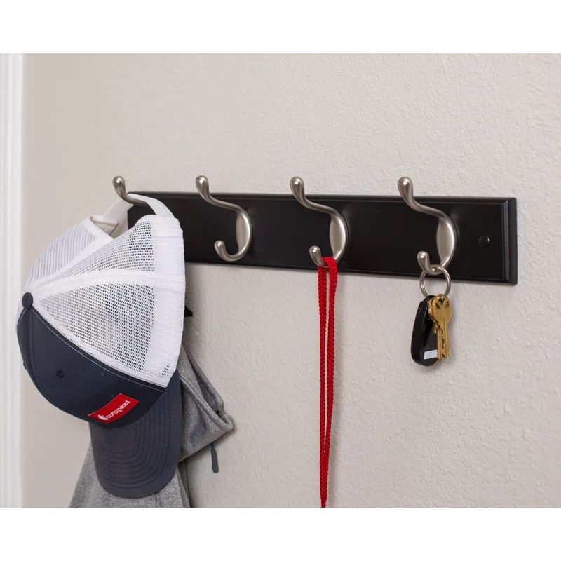 Black and Satin Nickel Wall Mounted Coat Rack with 4 Hooks