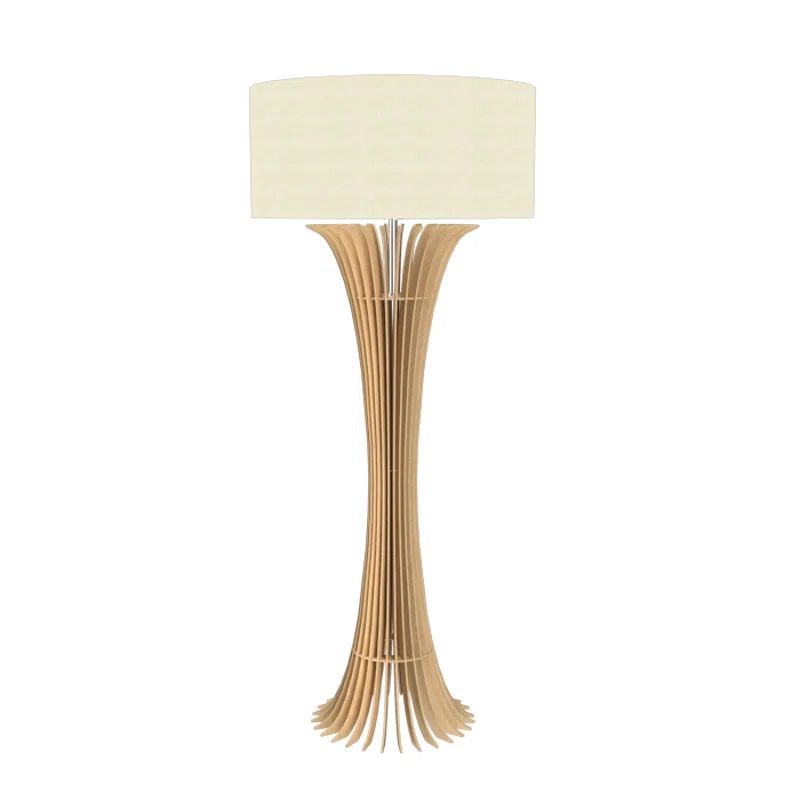 White Linen Shade Natural Wood Veneer Curved Floor Lamp