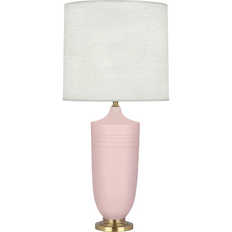 Matte Woodrose Ceramic and Modern Brass Table Lamp with Oyster Linen Shade