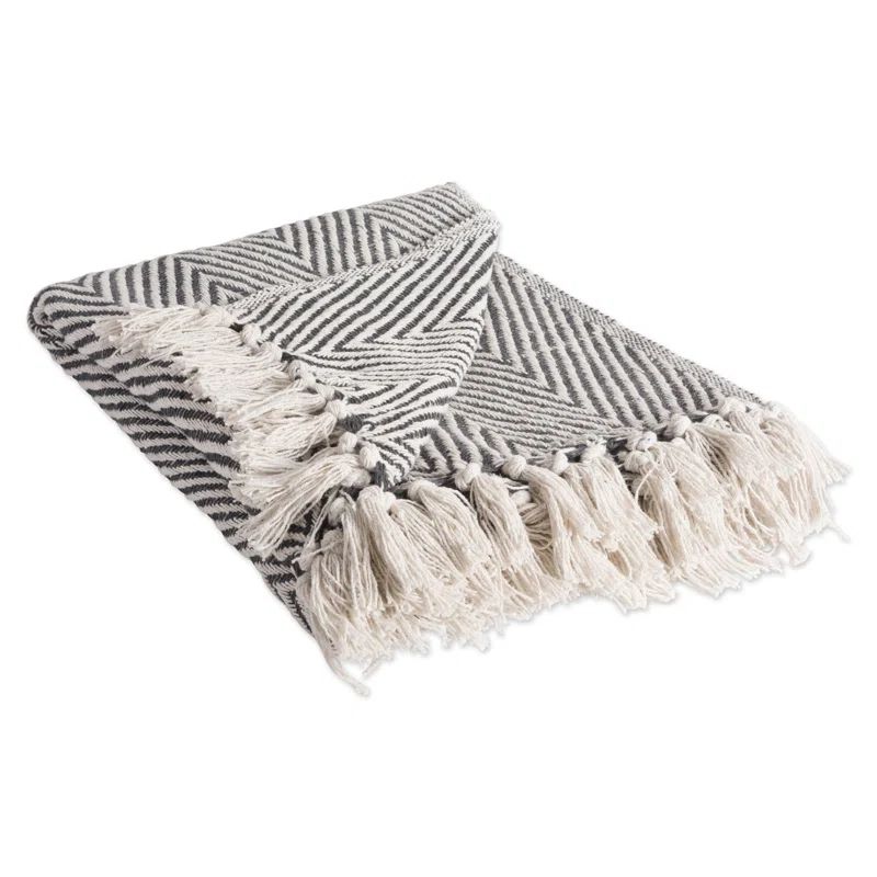 Mineral Gray Cotton Chevron Throw Blanket with Fringe