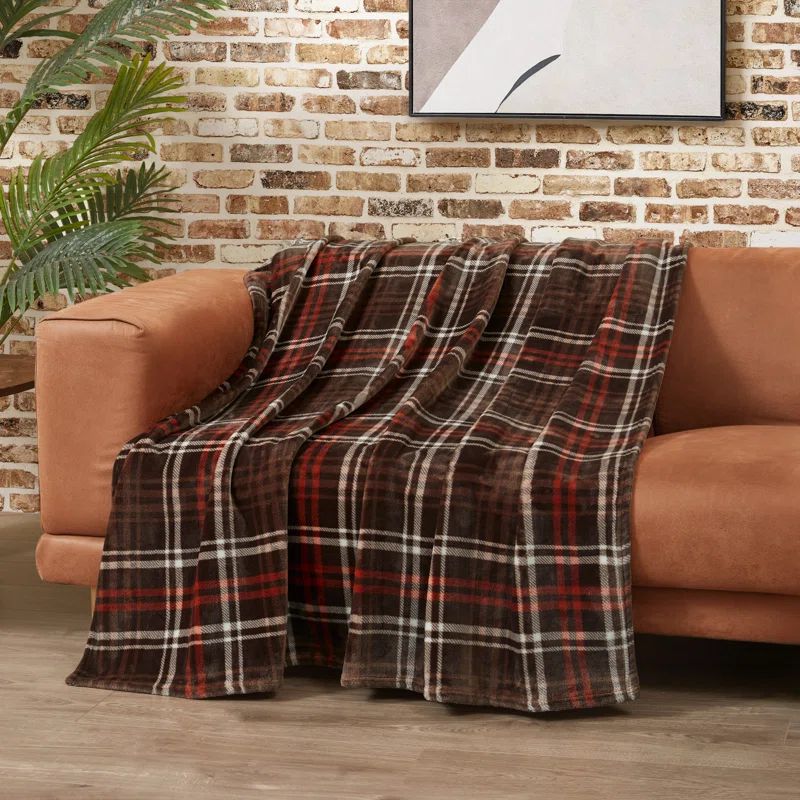 Brown and Red Plaid Microfiber Fleece Throw Blanket, 50" x 70"