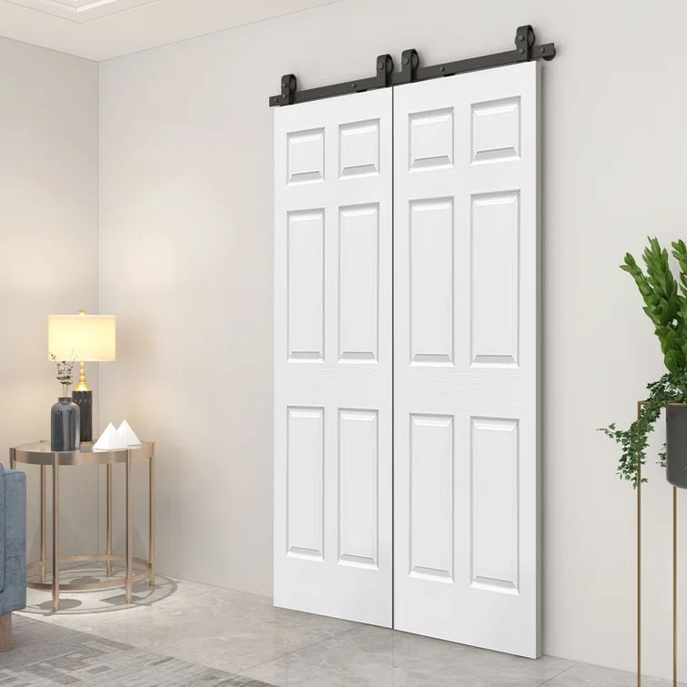 48 in. x 80 in. White Primed MDF Double Bi-Fold Barn Door with Black Hardware