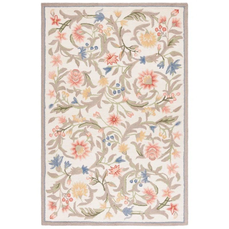 Ivory Floral Handmade Tufted Wool Area Rug
