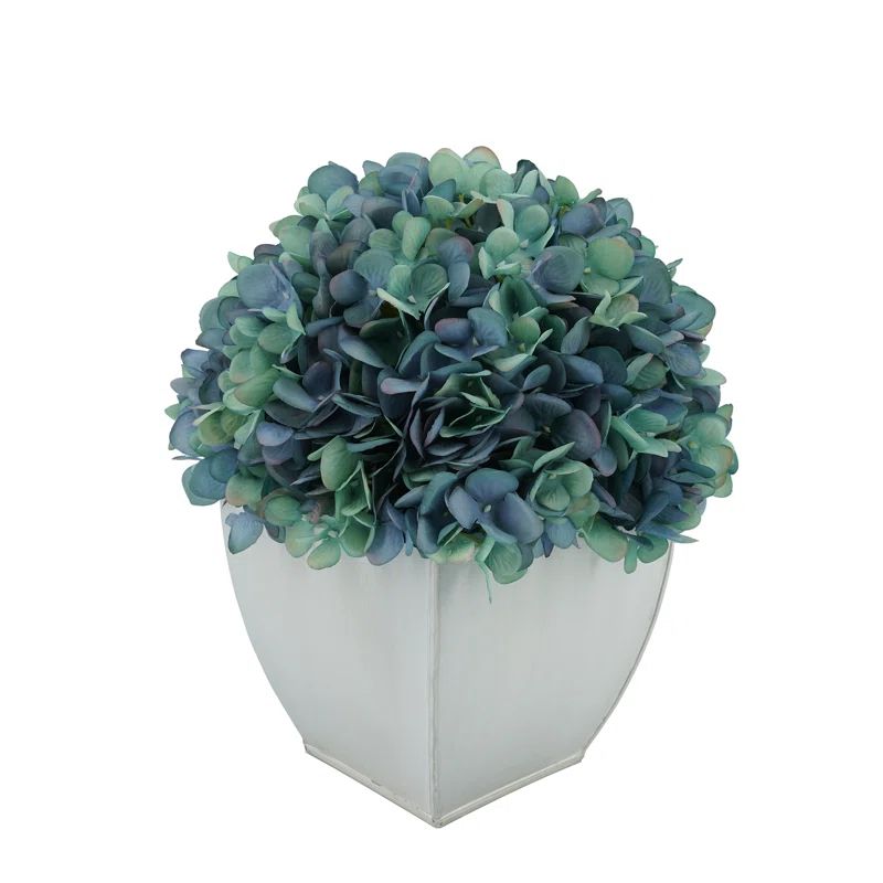 Antique Aqua Faux Hydrangea in Matte Cream Zinc Pot