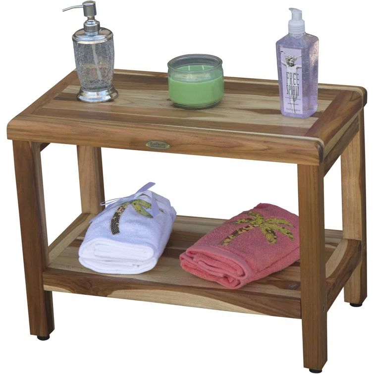 Natural Teak Wood Spa Shower Bench with Shelf, 24" x 22"
