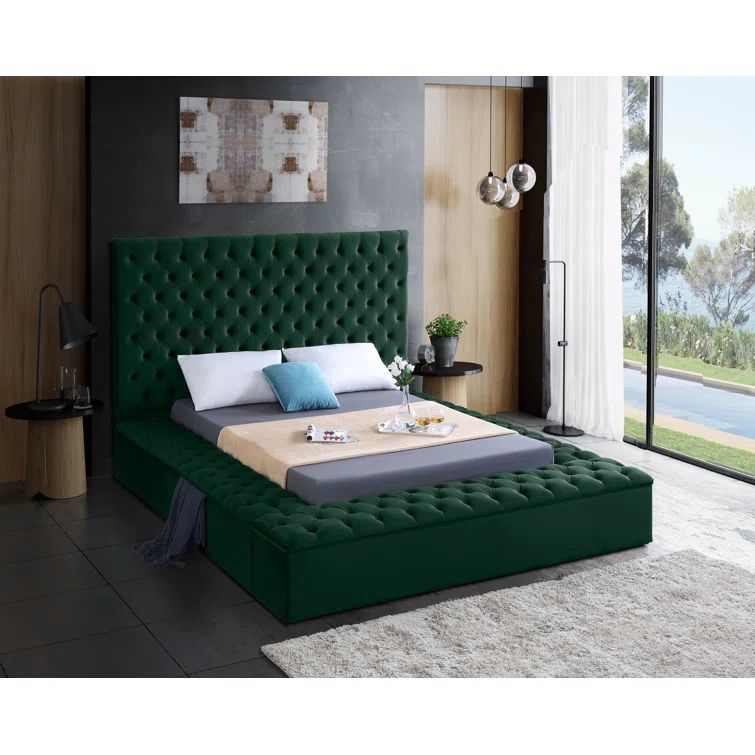Elegant Bliss Green Velvet King Bed with Tufted Upholstery and Storage