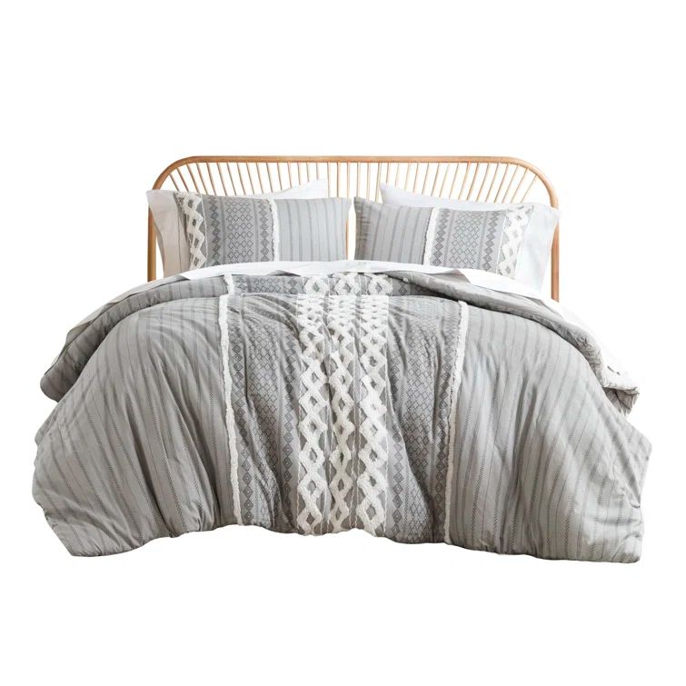 Gray Geometric Cotton Full/Queen Duvet Cover Set with Fringe