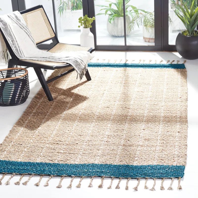 Handmade Blue and Natural Cotton Rectangular Area Rug 8' x 10'