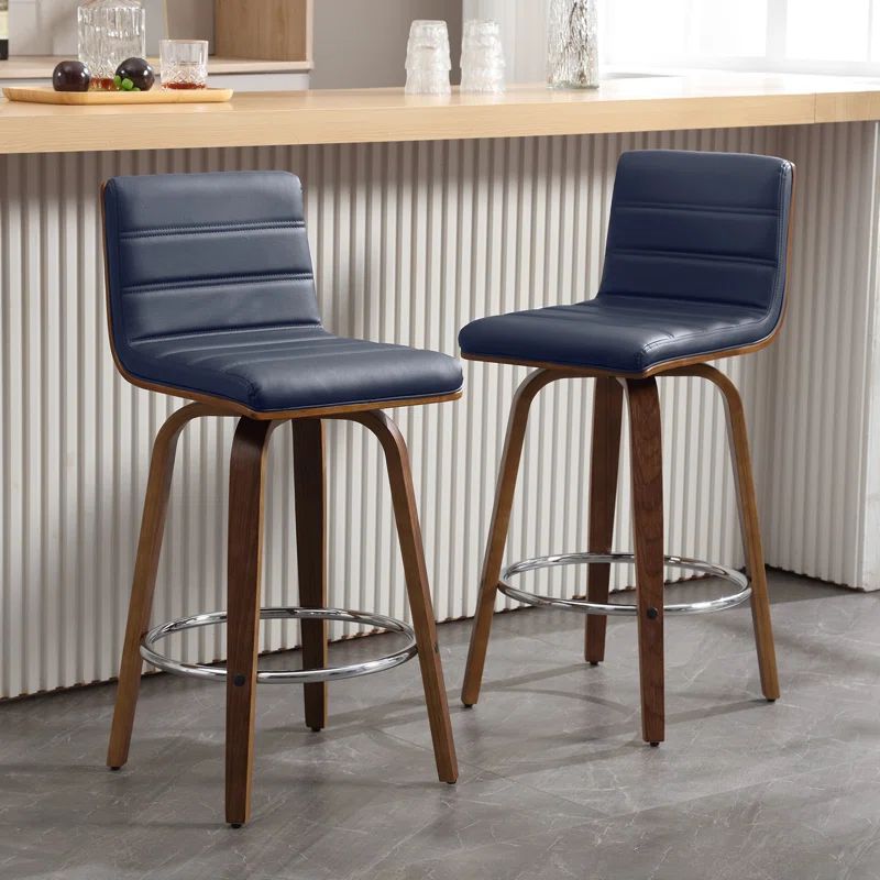 Blue PU Leather Swivel Counter Stools with Walnut Bentwood Legs