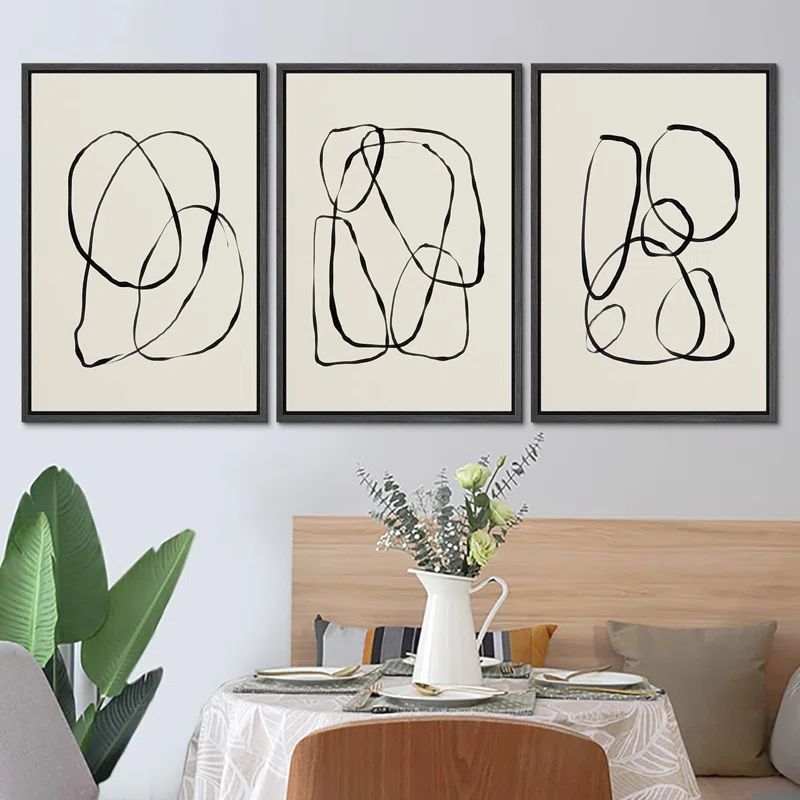 Modern Black Framed Geometric Abstract Canvas Art Set