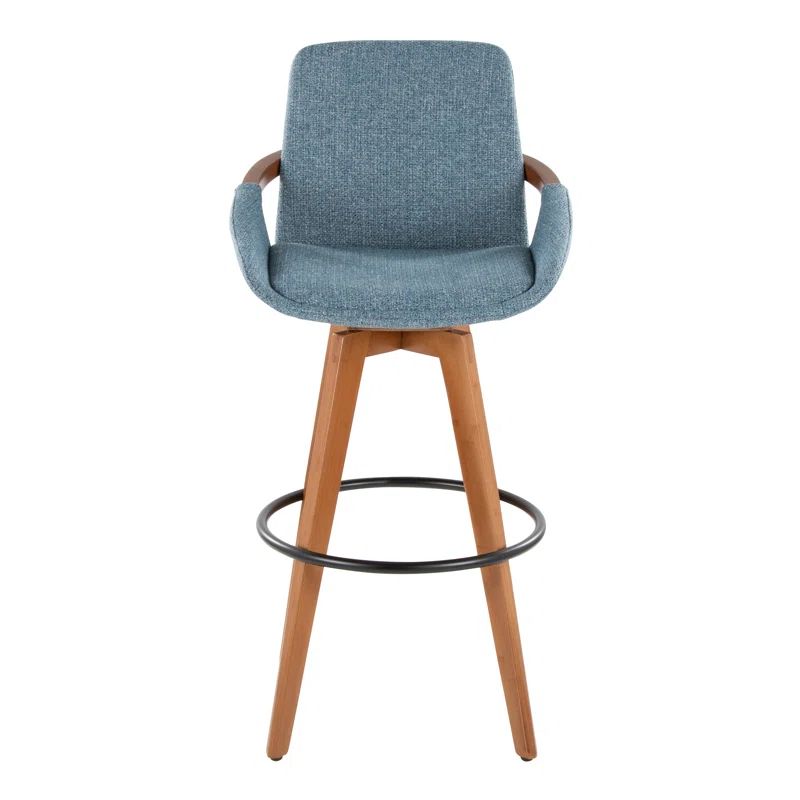 Walnut and Blue Mid-Century Modern Swivel Counter Stool
