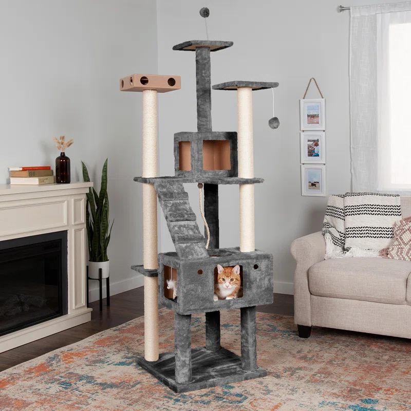 Tall Gray Sisal Cat Tree with Multiple Levels and Condos