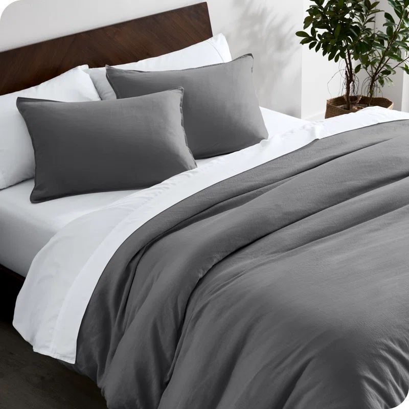 Grey Queen Linen Duvet Cover Set with Pillow Shams