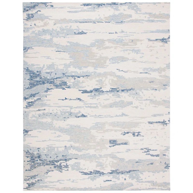 Ivory and Blue Abstract Hand-Tufted Wool 8' x 10' Rug