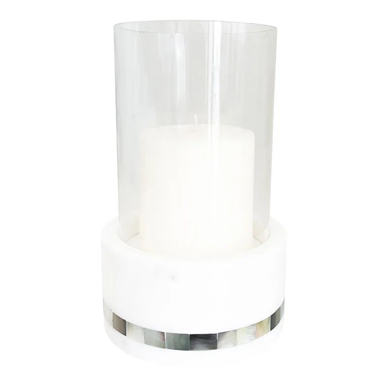 White Marble and Pearl Glass Hurricane Candle Holder