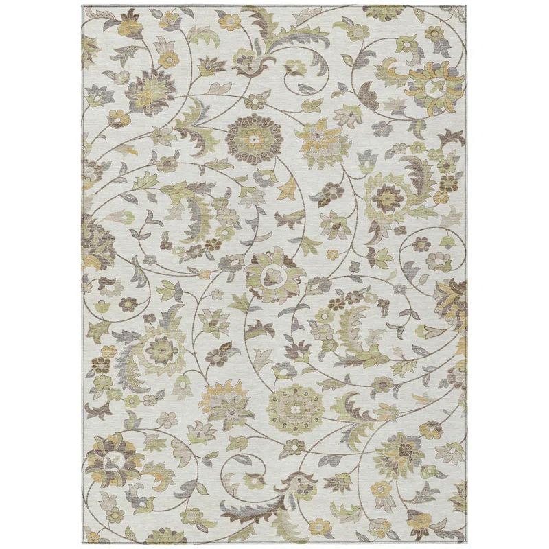 Ivory Floral Pattern Machine Washable Synthetic Rug