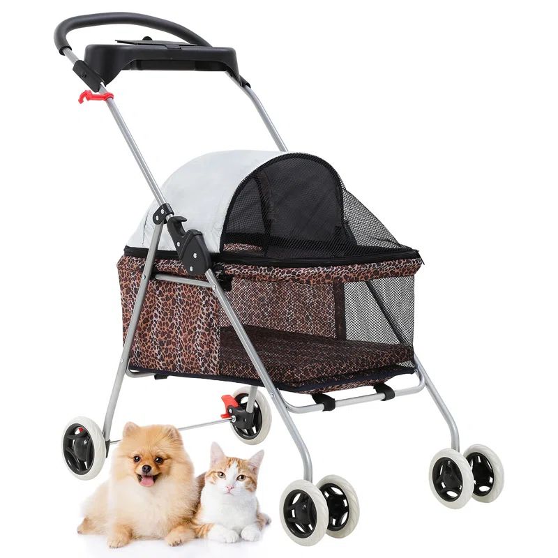 Leopard Print Folding Pet Stroller with Cup Holder