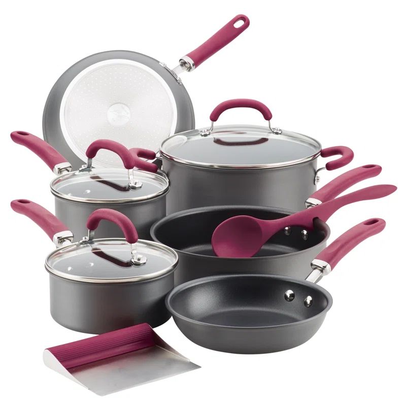 Burgundy and Gray 11-Piece Hard-Anodized Aluminum Nonstick Cookware Set