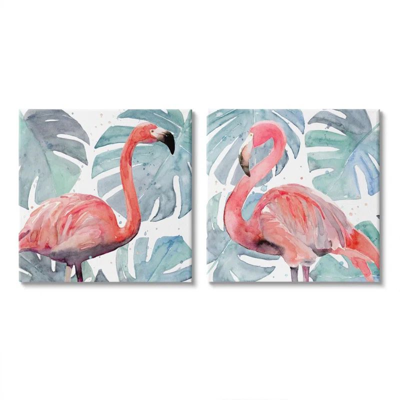Tropical Flamingos with Green Monstera Plants Canvas Wall Art - 24 x 24