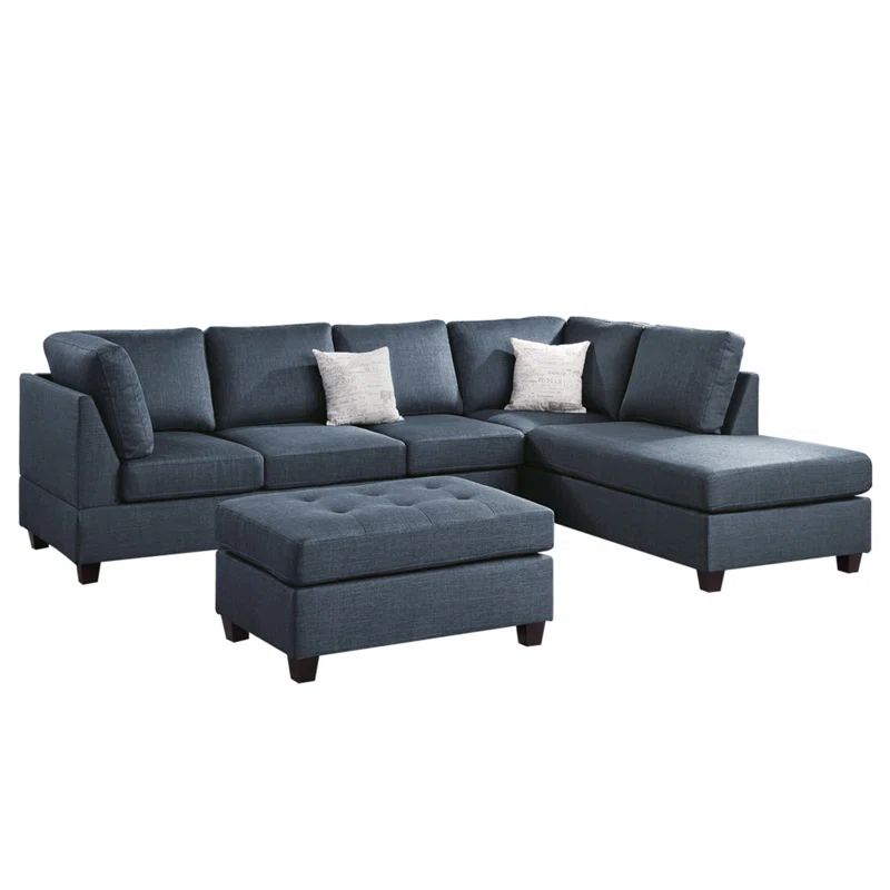 Dark Blue Microfiber Fabric Three-Piece Sectional Sofa with Ottoman