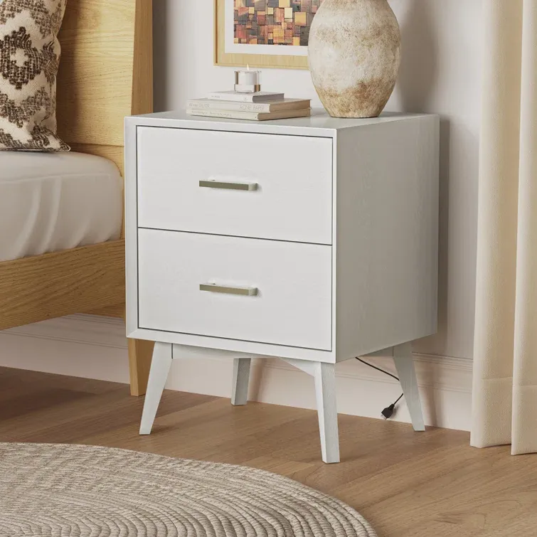 Mid-Century Modern White Maple 2-Drawer Nightstand