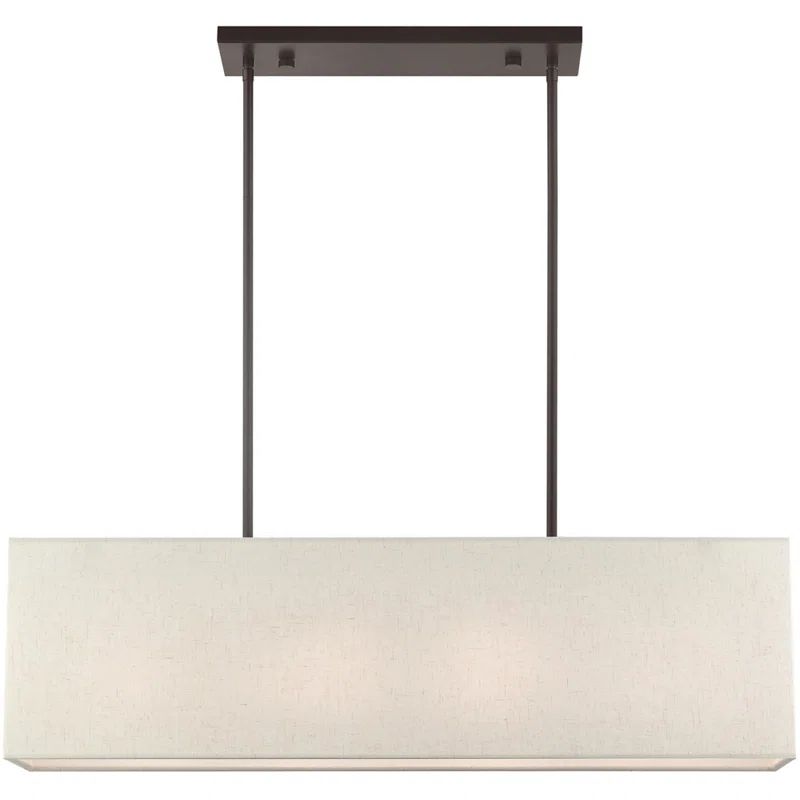 English Bronze Linear Chandelier with Oatmeal Fabric Shade