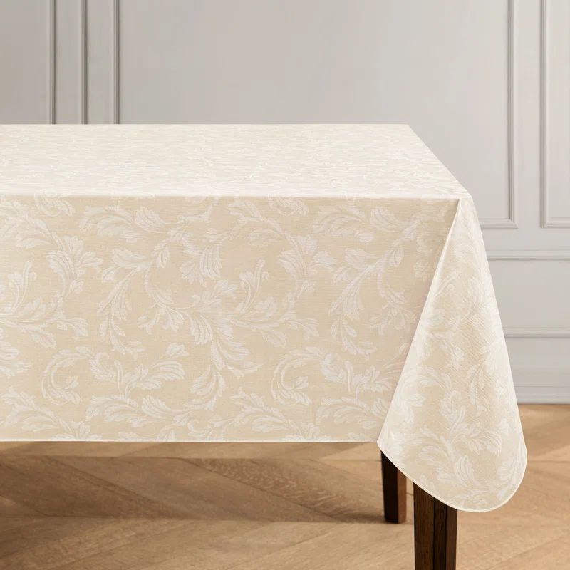 Ivory Floral Scroll Damask Vinyl Square Tablecloth