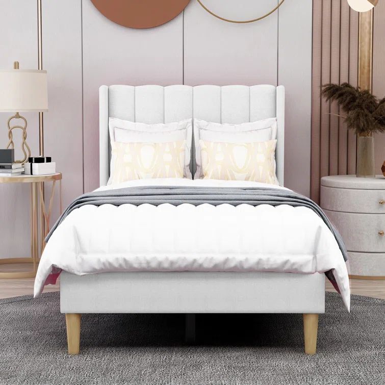 Twin White Linen Upholstered Platform Bed with Tufted Headboard