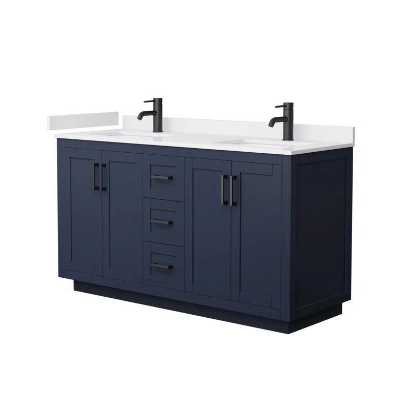 Miranda 60" Dark Blue Double Vanity with White Marble Top and Matte Black Trim