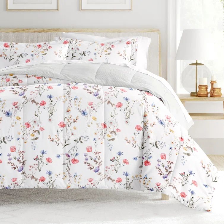 Full Pink Floral Down Alternative Reversible Comforter Set