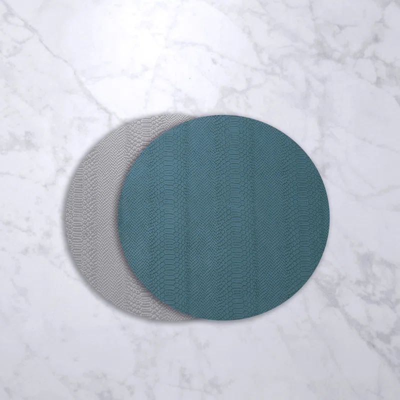 Blue and Gray Vinyl Animal Print Round Placemats, Set of 4