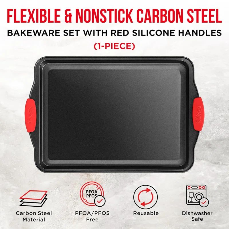 Medium Nonstick Carbon Steel Cookie Sheet Pan with Red Silicone Handles