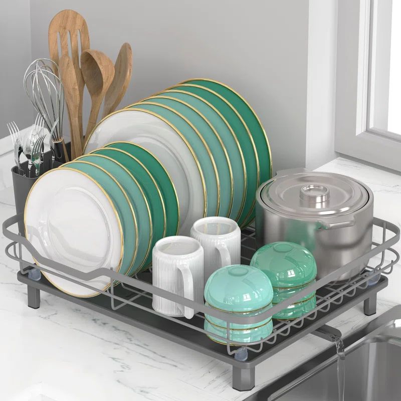Dark Gray Stainless Steel Dish Drying Rack with Utensil Holder