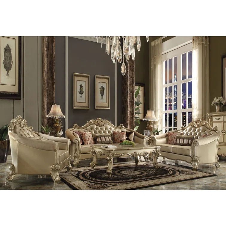 Bone Faux Leather and Gold Patina Tufted Loveseat with Pillows