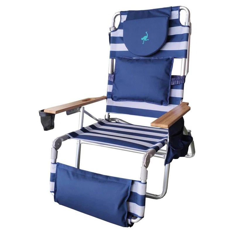 Deluxe Striped Blue Padded Beach Lounge Chair with Footrest