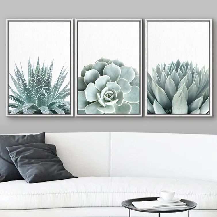 White Framed Geometric Succulent Canvas Print Set