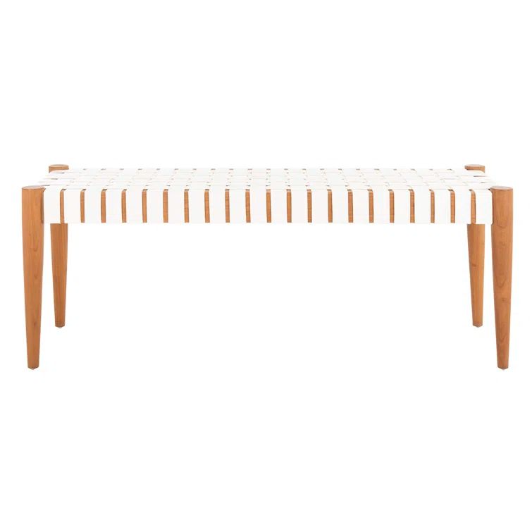 Amalia 47'' Transitional White Leather & Oak Weave Bench