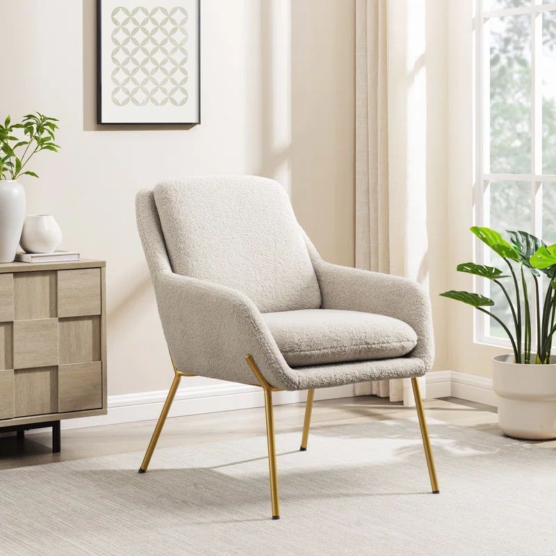 Cream Boucle Upholstered Accent Chair with Gold Metal Legs