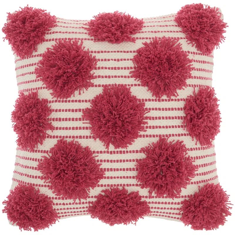 18"x18" Hot Pink Cotton Tufted Pom Poms Square Throw Pillow