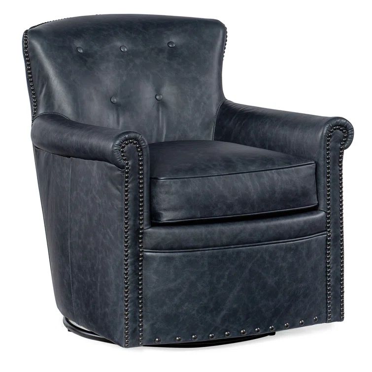Blue Leather Swivel Accent Chair with Wood Frame