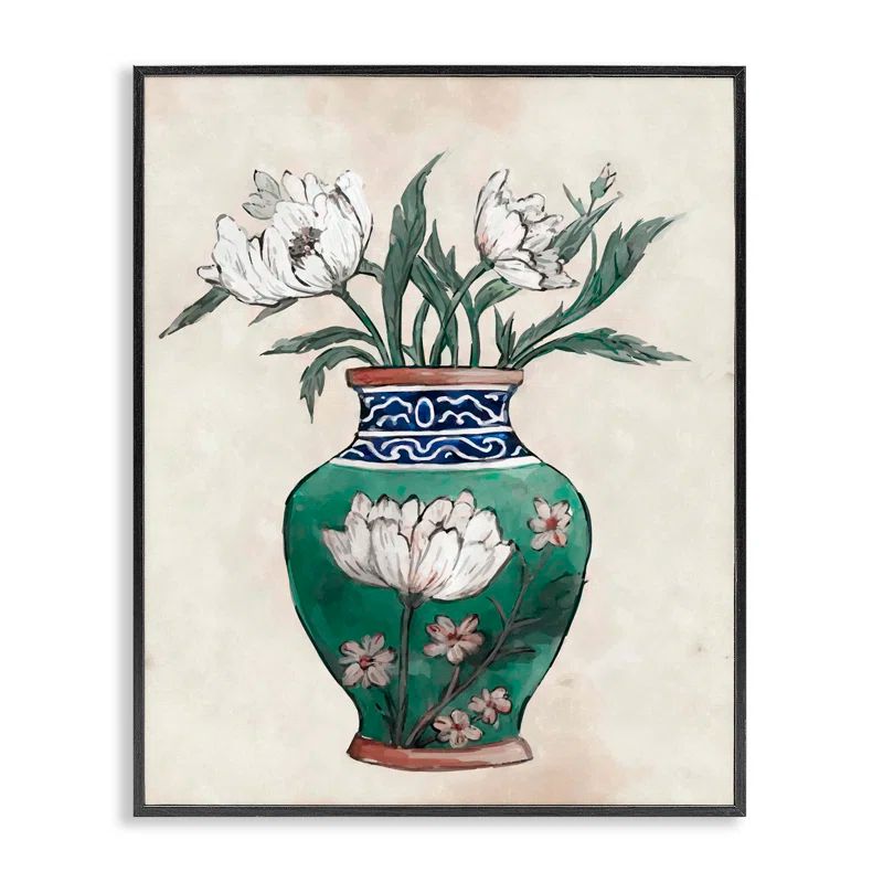 Floral Oriental Vase Botanical Print on Canvas with Black Frame