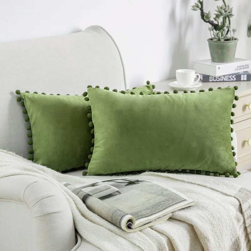 Light Green Velvet Pom Pom Decorative Throw Pillows, 12" x 20", Set of 2